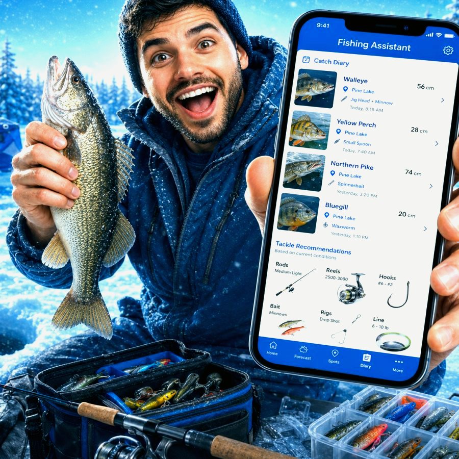 Fishing Assistant app screen with forecast and map